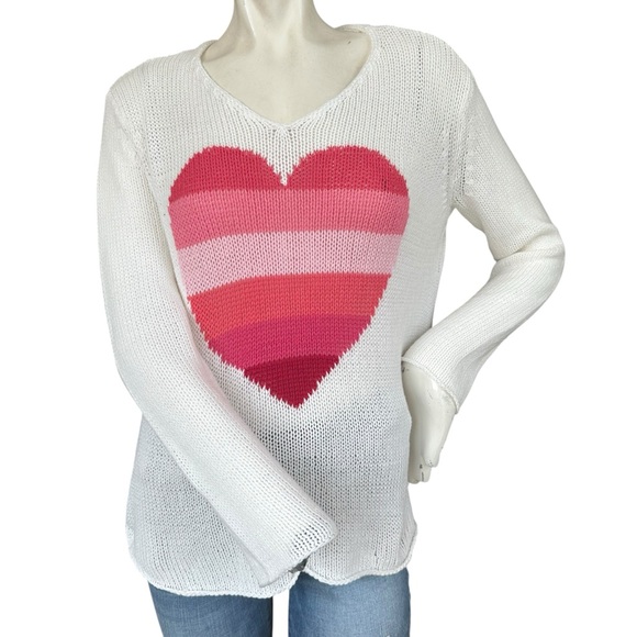 Wooden Ships White Lightweight Knit Pink Stripe Heart Slub Sweater Size S/M - Picture 1 of 8